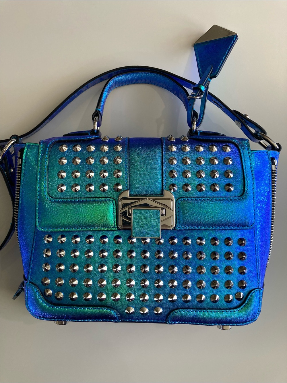 Rebecca Minkoff Iridescent Blue-Green Studded Satchel - Picture 4 of 15